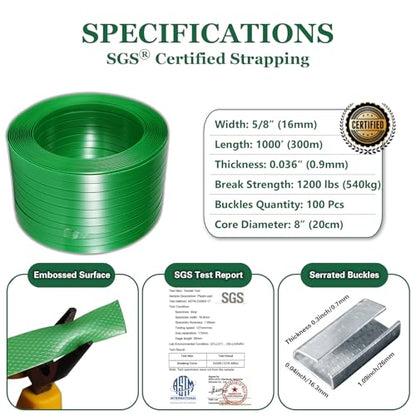 Banding Strapping Kit, Pallet Strapping Kit, Packaging Banding Tool with 5/8" Width, 1000' Length Polyester Strapping Coil Roll and Dispenser Box – Heavy Duty Certified 1200 lbs Break