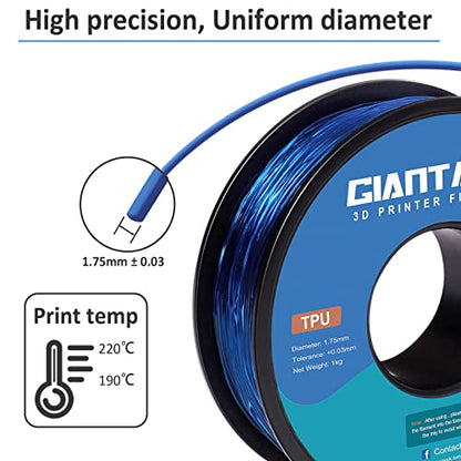 GIANTARM 95A TPU 3D Printer Filament 1.75mm, 1kg, Clear Blue, +/- 0.03mm - color: Tpu Blue