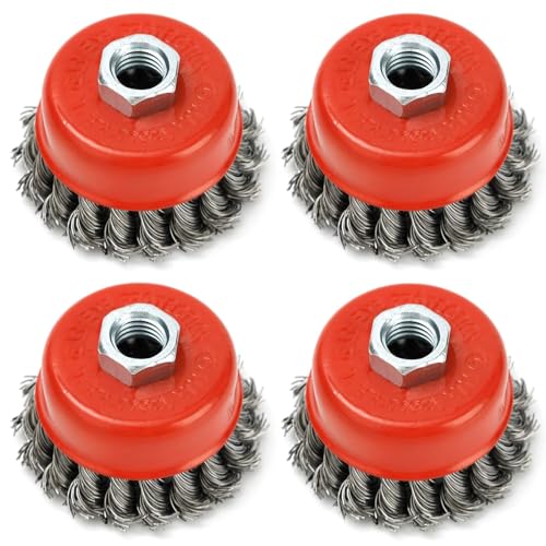 4 Pack Wire Wheel Brush for Angle Grinder, 3 Inch Twist Knot Wire Cup Wheels for 4 1/2 Angle Grinder 5/8 Inch Threaded Arbor, 0.02 Inch Carbon Steel - style: 4 Pack Wire Cup