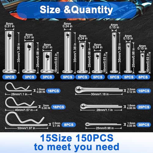 150PCS Premium 304 Stainless Steel Clevis Pins Cotter Pins R Clips Assortment Kit, 15 Sizes Single Hole Flat Head Cotter Clips Fasteners for Trailer Hitch, Automotive, Machinery Use - size: 150Pcs - 15 Sizes