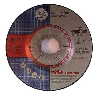 Benchmark Abrasives 4-1/2" Aluminum Oxide Depressed Center Thin Cut Off Wheel .045" Thick 7/8" Arbor, Metal Cutting Grinding Wheel, Angle Grinding Cutting Wheel - 25 Pack