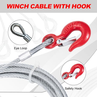 1/4" x 25' Steel Winch Cable, 7x19 Winch Rope with Safety Hook - size: 1/4"x25ft