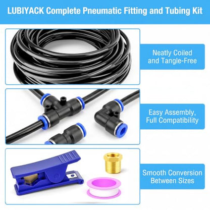 51PCS Black PU Air Hose Pipe Tube Kit, 3/8" OD 1/4" ID, 90FT - size: 3/8" OD x 90FT