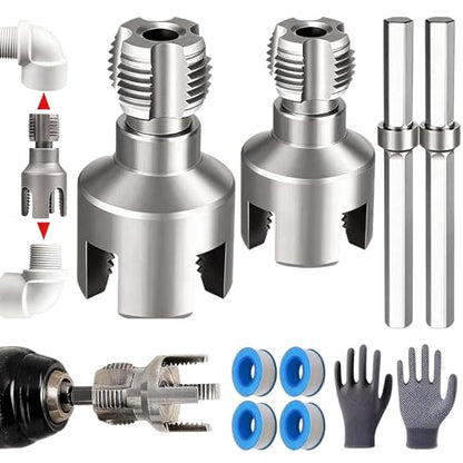 7 Pack PVC Pipe Threader, Pipe Thread Cutting Tool, Pipe Tapping and Threading Tool Kit, PVC Threader for Drill, Rethreading Tool with 1/2'' and 3/4'' Dies, Gloves and Tape for Plumbing Repair