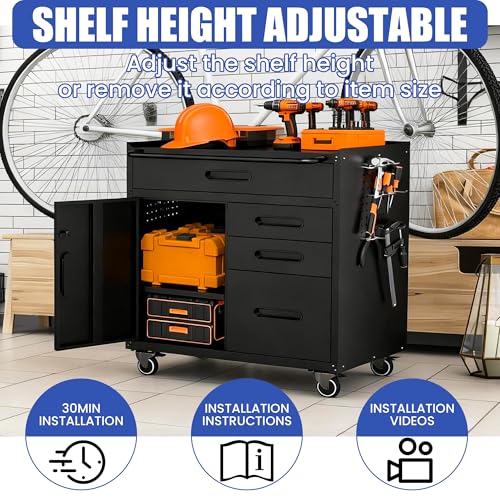 Metal Mobile Tool Storage Cabinet with 4 Drawer and 1 Locking Door - color: Black, style: 4 drawers 1 door with wheels