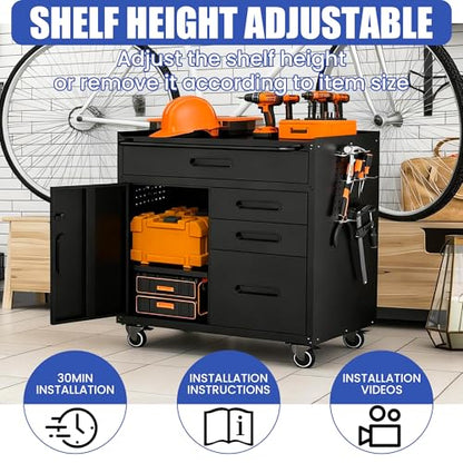 Metal Mobile Tool Storage Cabinet with 4 Drawer and 1 Locking Door - color: Black, style: 4 drawers 1 door with wheels