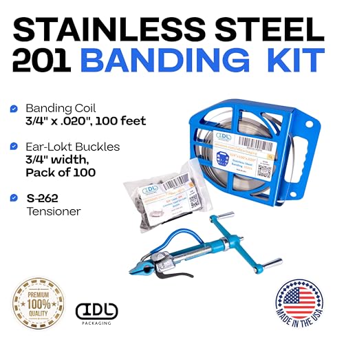 IDL Packaging 3/4" Stainless Steel 201 Banding Kit – Heavy-Duty Banding Tool + 3/4" x 0.02" x 100' Stainless Steel 201 Banding Coil + 100 Stainless Steel Ear-Lokt Buckles - size: 3/4" x 0.02" x 100', style: SS 201 + Ear-Lokt Buckles
