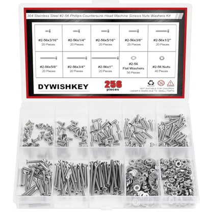 DYWISHKEY 256 Pieces #2-56 x 3/16", 1/4", 5/16", 3/8", 1/2", 5/8", 3/4", 1" Phillips Countersunk Head Machine Screws Nuts Washers Assortment Kit, 2-56 Screw Kit, 304 Stainless Steel - size: #2-56, style: Phillips Countersunk Head