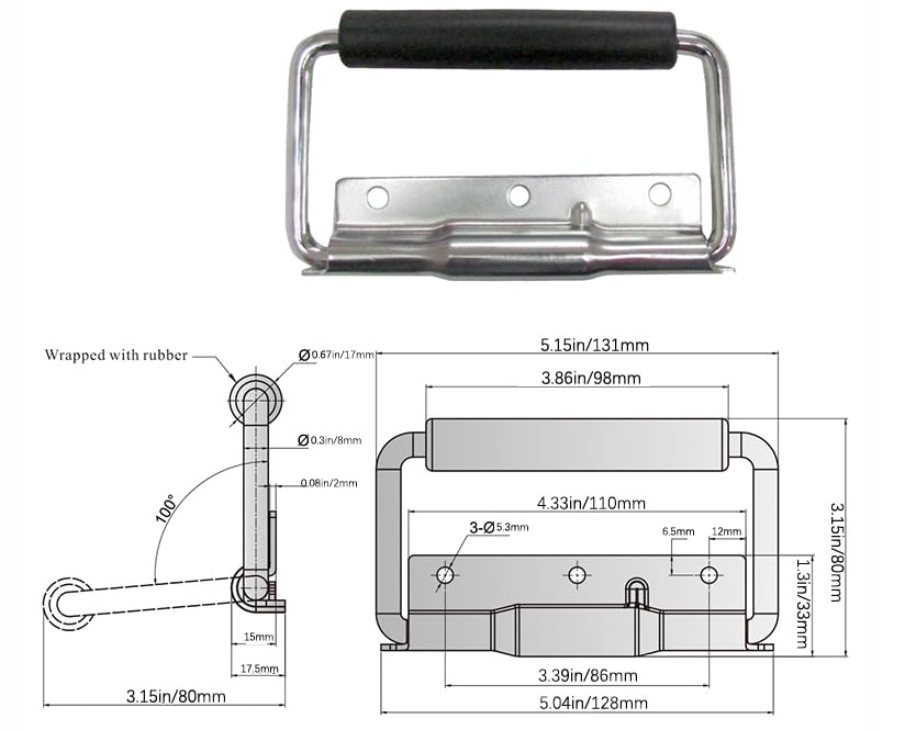 SYINE 5.15 Inch 8.3 oz Large Heavy Duty Folding Handle,3 Mounting Holes,Spring Loaded with Rubber Grip for Toolbox Cabinet,1 Pack,Silver - color: Silver