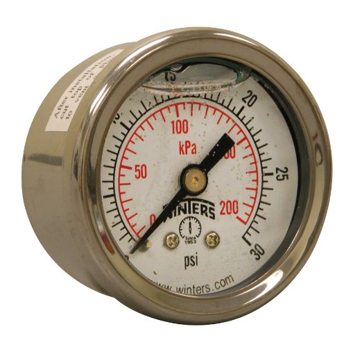 Winters 1-1/2 inch Dial Size, Glycerin Filled Industrial Pressure Gauge, Brass Internals, 304 Stainless Steel Case, Dual Scale 0-30 psi/kPa, 2.5% Acc, 1/8 inch NPT Back Mount, Liquid Filled Gauge - style: 0/30 PSI/kPa