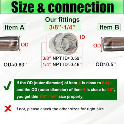 3/8 Inch NPT Female x 1/4 Inch NPT Female Pipe Fitting Reducer Coupler Connector, 304 Stainless Steel Reducing Coupling Adapter for Air Water Gas Oil (3/8" female x 1/4" female) - size: 3/8" female x 1/4" female