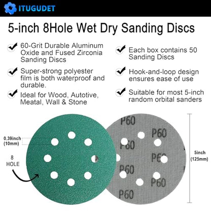 5 Inch 8 Hole P60 Grit Zirconia Wet Dry Sanding Discs - 50 Pack - size: 60 Grit