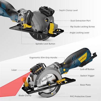Enventor Mini Circular Saw with Laser Guide, 6 Blades 4-1/2", 5.8A Corded