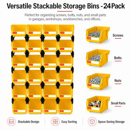 24 Pack Stackable Storage Bins Heavy Duty Parts Box Yellow - color: Yellow-24 Pack, size: 5"x4"x3"