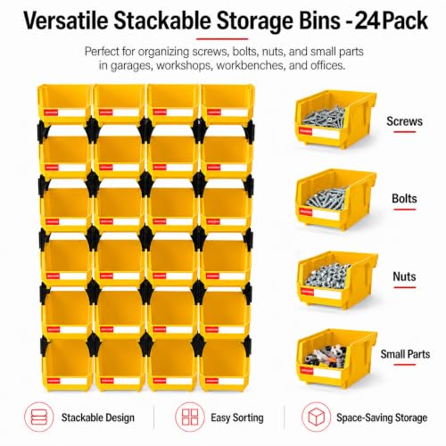 24 Pack Stackable Storage Bins Heavy Duty Parts Box Yellow - color: Yellow-24 Pack, size: 5"x4"x3"