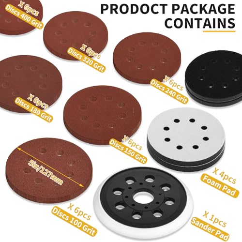 5" Hook & Loop Replacement Sander Pad RS034 & RS035 Compatible with Bosch Random Orbital Sander ROS20 ROS20VS GEX12V with 4 PCS Foam Pad & 36 PCS Sanding Discs 100 150 180 240 320 400 Grits - size: FIT RS034 & RS035