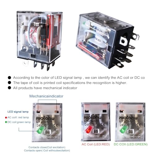 Electromagnetic Power Relay, 8-Pin 10 AMP 24V DC Relay Coil with Socket Base, LED Indicator, DPDT 2NO 2NC LY2N-GS 1PCS [Applicable for DIN Rail System] (1, DC24V)