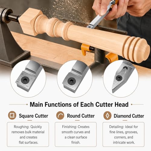 3PCS Carbide Wood Lathe Turning Tools Set, Wood Handle Pen Turning Tools with 3 Extra Replacement Inserts, Rougher Detailer Finisher for Small Bowls, Goblets, Knobs and Woodworking Projects