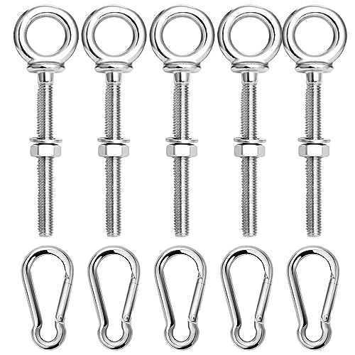 5 Pack M6 Eye Bolt, Eye Bolts with Nuts & Washers & Carabiners, 316 Stainless Steel Eye Bolt Heavy Duty, Marine Grade Threaded Eyebolts.