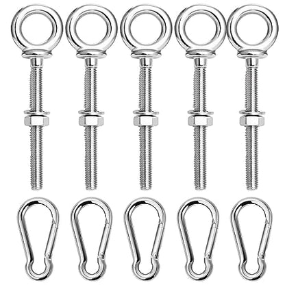 5 Pack M6 Eye Bolt, Eye Bolts with Nuts & Washers & Carabiners, 316 Stainless Steel Eye Bolt Heavy Duty, Marine Grade Threaded Eyebolts.