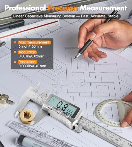 LuxBlue 6" Rechargeable Digital Calipers Measuring Tool with Backlit Screen