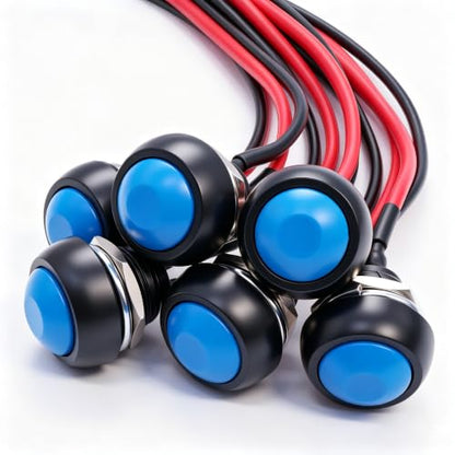 Twidec/6Pcs 12mm Momentary Push Button Switch 1/2" Mounting Hole On Off Mini Round Waterproof Blue with Pre-soldered Wires PBS-33B-BU-X - color: Blue-12mm, size: Momentary