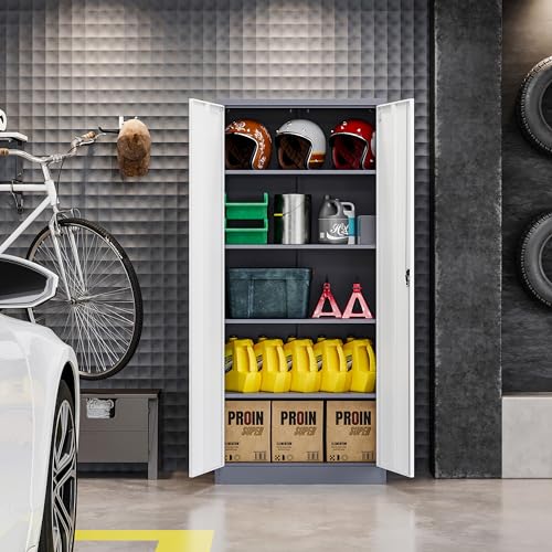 RAVIGIN Metal Garage Storage Cabinet with Lock, 72" Locking Tool Cabinet with 2 Doors and 5 Adjustable Shelves, Tall Steel Cabinet Garage for Home,Office,Warehouse，School (Grey White) - color: Grey & White, size: 72 IN