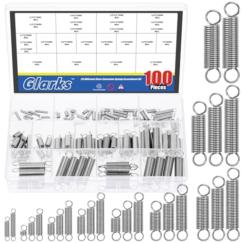 Glarks 100pcs Stainless Steel Extension Springs with Double Hook Sets 25 Sizes Small Spring Tension Spring Wire Assortment for Machinery Construction Industrial