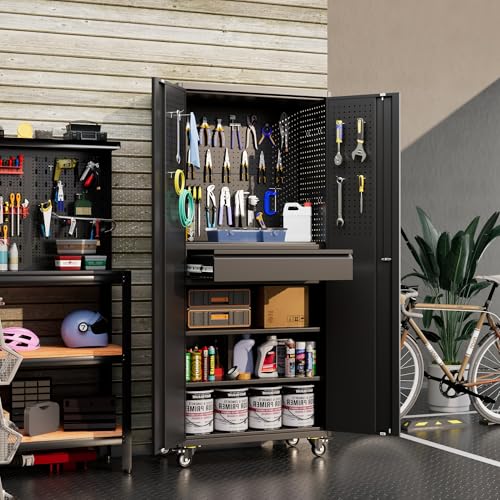 Aobabo Metal Garage Storage Cabinet, 71"x30" Lockable Rolling Tool Cabinet - color: Black, size: 15"D x 30"W x 71"H