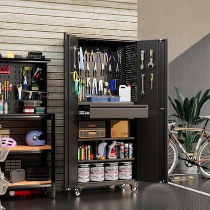 Aobabo Metal Garage Storage Cabinet, 71"x30" Lockable Rolling Tool Cabinet - color: Black, size: 15"D x 30"W x 71"H