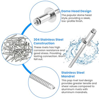 SDTC Tech Stainless Steel Blind Rivets 1/8" x 5/16", 4-3 Open End Type - size: 4-3 50pack