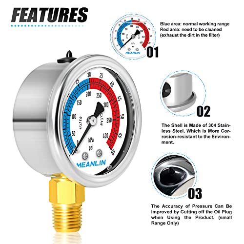 MEANLIN MEASURE 1/4" NPT 0-60psi Pressure Gauge, 2" Dial Glycerine Filled Pool Filter, 304 Stainless Steel Housing, Lower Mount, with 1/2" NPT and 3/8" NPT Hex Bushing - size: 0-60Psi/0-400Kpa, style: Lower Mount