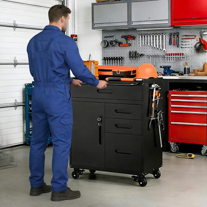 Metal Mobile Tool Storage Cabinet with 4 Drawer and 1 Locking Door - color: Black, style: 4 drawers 1 door with wheels