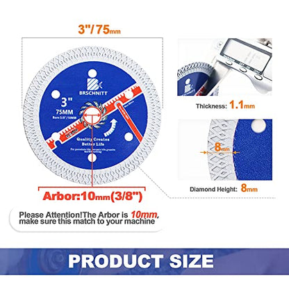 Super Thin Diamond Porcelain Saw Blade with X Teeth,BRSCHNITT 2pcs 3 Inch (75 mm) x Arbor 3/8 Inch (10 mm) Angle Grinder Diamond Cutting Disc for Dry/Wet Cutting Porcelain Tile Ceramic Marble Granite - size: 75mm(3")