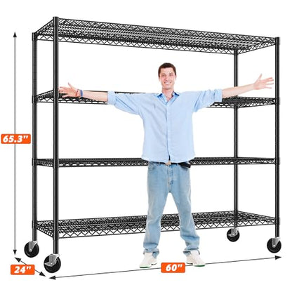 REIBII 60" W ×24" D×65.3" H, 4 Tier Wire Shelving 2878LBS Heavy Duty Steel Storage Rack Shelving Adjustable Shelves for Warehouses, Garages, Kitchens, and Commercial Spaces/Premium Wheels 2 Pack - size: 2 Set-60''W X 24'' D X 65.3'' H