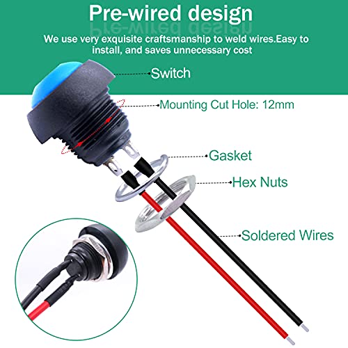 Twidec/6Pcs 12mm Momentary Push Button Switch 1/2" Mounting Hole On Off Mini Round Waterproof Blue with Pre-soldered Wires PBS-33B-BU-X - color: Blue-12mm, size: Momentary