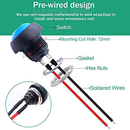Twidec/6Pcs 12mm Momentary Push Button Switch 1/2" Mounting Hole On Off Mini Round Waterproof Blue with Pre-soldered Wires PBS-33B-BU-X - color: Blue-12mm, size: Momentary