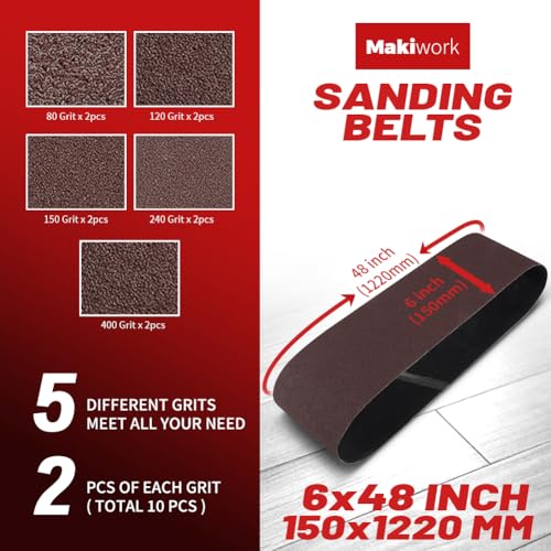 6 x 48 Inch 150 x 1220 mm Sanding Belts Set - 10-Pack with 80/120/150/240/400 Grits, Aluminum Oxide Abrasive Belts for Woodworking - size: 6 x 48(10pcs)