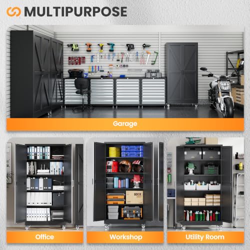 75" Tall Wheeled Garage Storage Cabinet, Rolling Metal Tool Cabinets. - color: Black, size: 75"H x 32"W x 16"D-A