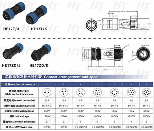 HangTon HE17 6 Pin Male Cable Plug Panel Socket Outdoor Waterproof Circular Power Connector