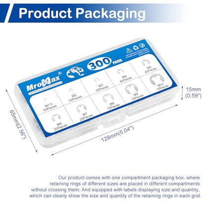 MroMax 300Pcs Stainless Steel E-Clip Assortment Kit, 10 Sizes M1.5 - M10 - size: Assortment Kit