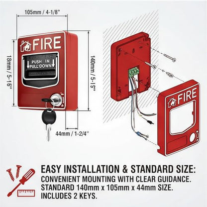 Manual Pull Station Fire Alarm, Emergency Alarm Station with Key, Dual Action Manual Call Point Fire Alarm Panic Button, Wired 9-28VDC Compatible for Alarm Siren or Panel, Includes 2 Keys