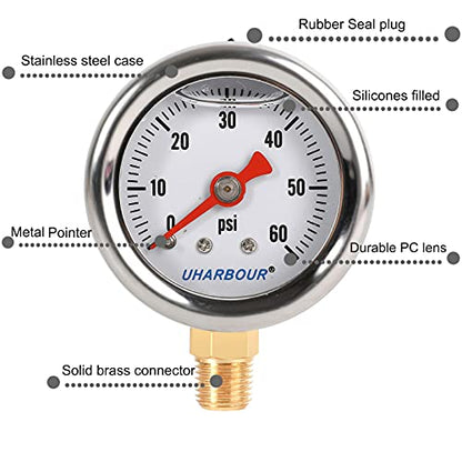 UHARBOUR Glycerin Pressure Gauge 0-60Psi, 1-1/2" Dial 1/8" NPT - size: 0-60PSI, style: Lower Mount（Single scale）