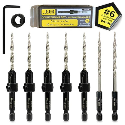 Countersink Drill Bit Set – 5pc Self-Centering Woodworking Bits with 4 Flutes, M2 HSS Material, 1/4" Hex Change, Depth Collar, Includes 2 Free Tapered Bits for Precision Drilling – #6 (9/64") - style: 5 Pc #6(9/64")