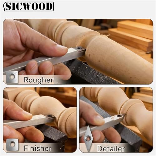 3PCS Carbide Wood Lathe Turning Tools Set, Wood Handle Pen Turning Tools with 3 Extra Replacement Inserts, Rougher Detailer Finisher for Small Bowls, Goblets, Knobs and Woodworking Projects