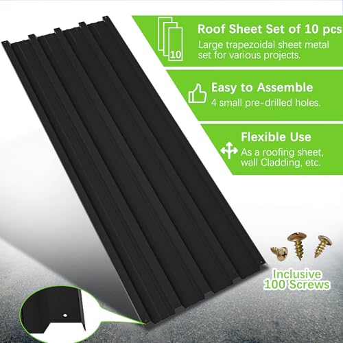 10 Pcs Metal Roof Panels 42.52" x 16.77" Roofing Panels Galvanized Steel with Screw Resistant,Versatile and Durable Suitable DIY for Garages,Sheds, Stables and Mobile Homes Black - color: Black, size: 10 pcs/L42.52"