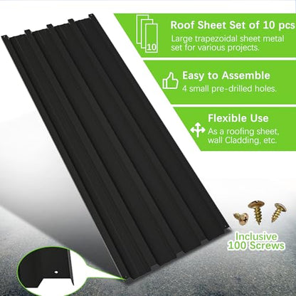 10 Pcs Metal Roof Panels 42.52" x 16.77" Roofing Panels Galvanized Steel with Screw Resistant,Versatile and Durable Suitable DIY for Garages,Sheds, Stables and Mobile Homes Black - color: Black, size: 10 pcs/L42.52"