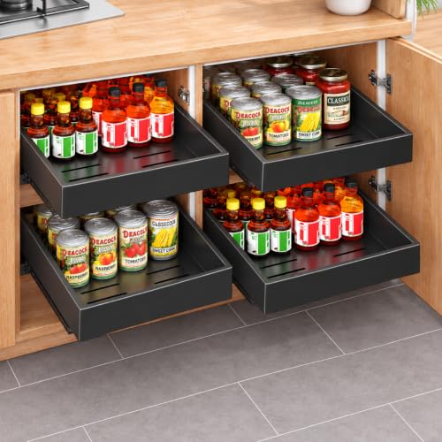 4 Pack Pull out Cabinet Organizer, 21"Deep, Heavy Duty Full-extension Slide out Drawers for Kitchen Cabinet, Roll out Shelf Storage with Nano Adhesive for Pots, Bathroom, Pantry, Home, Black - color: Black, size: 13.8"Wide-21"Deep (4Pack）