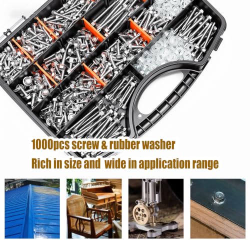 weideer 1000pcs Self Tapping Screws for Metal, #8#10#12#14,410 Stainless Steel Sheet Metal Screws Assortment Kit, Hex Washer Head Self Drilling Screw with Rubber Washer,Length 1/2" to 2'' - size: SV 1000PCS #8#10#12#14 Kit