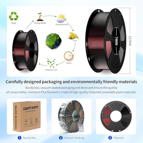 GIANTARM Silk PLA Tri Color Filament 1.75mm 1kg (2.2lb), Metallic Shiny Triple Color Red/Gold/Purple Silk PLA Filament, ±0.02mm Accuracy, Neatly Wound, Non-Clogging, Red& Gold & Purple - color: Red Gold Purple